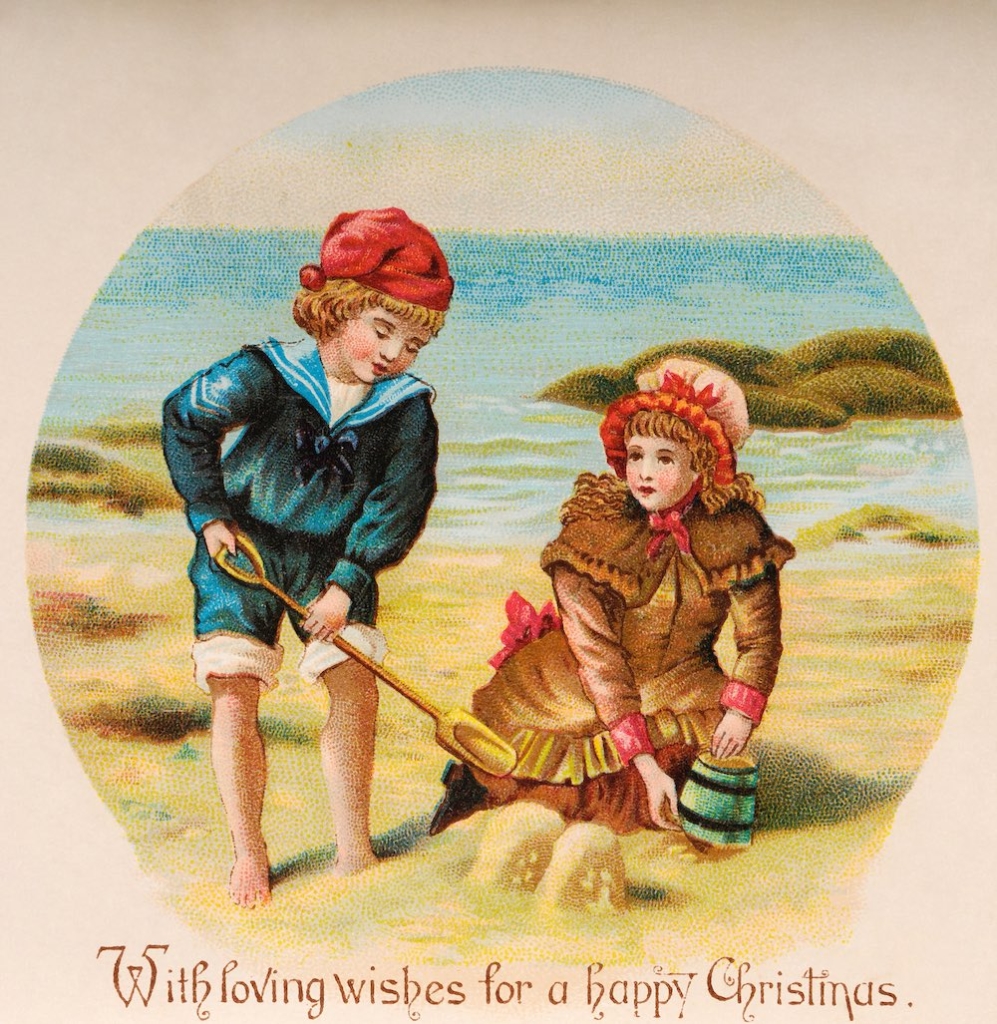 A vintage colour illustration featuring children playing at the seaside and Christmas greetings, circa 1890. (Photo by Popperfoto/Getty Images)